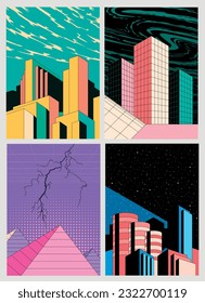 Retro Colors Geometrical Abstract Buildings Backgrounds Set