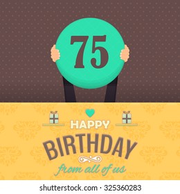 Retro Colors Happy Birthday Vector Design. Announcement and Celebration Message Poster, Flyer Age 75