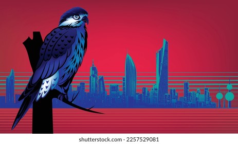 Retro Colors Illustration Of An Arabian Falcon Resting On A Branch Near Modern Kuwait City Skyline