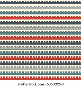 Retro colors seamless pattern with battlement curved lines. Repeated geometric figures wallpaper. Modern style surface texture. Digital paper, textile print, page fill. Vector art