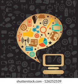 Retro colors Social Media concept with laptop and text bubble (icons set), on dark  background.