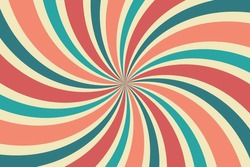 Retro Colors Spiral Background. Twisted Vintage Starburst. Curved Colorful Rays On Beige Backdrop. Rotating Lines Optical Illusion. Radial Striped Banner. Vertigo Concept. Vector Illustration  