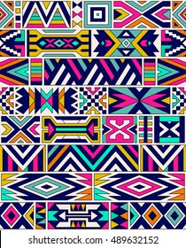 retro colors tribal vector seamless ndebele pattern. aztec abstract geometric art print. ethnic navajo vector background. Wallpaper, cloth design, fabric, paper, cover, textile template.