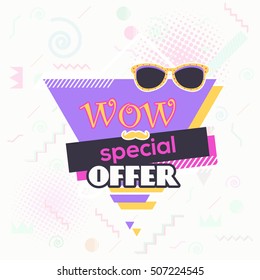 Retro Colors wow Special Offer Ad. 90s Sytle Geometric Shapes and Elements Banner Template. 80s Shop Illustration. Business Advertisement Banners Design