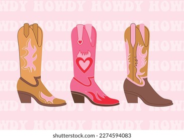 Retro colourful Cowgirl boots. Howdy quotes. Cowboy western and wild west theme. Hand drawn vector postcard.