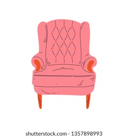 Retro Comfortable Pink Armchair, Cushioned Furniture with Upholstery. Interior Design Element Vector Illustration.