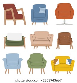 Retro comfy furniture design. Living room different seat set. Couch collection isolated on white. Interior intems for cozy lounge space. Mid century modern armchair hand drawn flat vector illustration