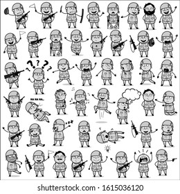 Retro Comic Army Man Poses - Set of Concepts Vector illustrations