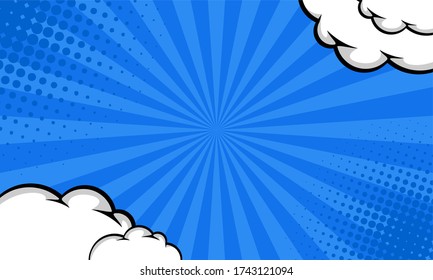 Retro comic background. with cloud, sunburst adn dot halftone vector on blue