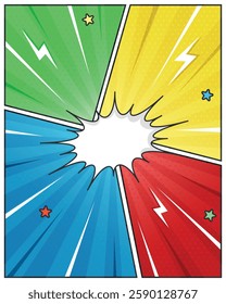 Retro Comic Background with Colorful Frames and Stars, Cartoon Frame, Flash Explosion, Dots, Burst, Pop Art Style, Vector