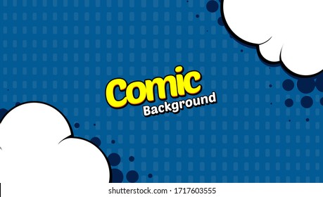 Retro comic background halftone dots, with cloud cartoon pop art style. Vector illustration on blue