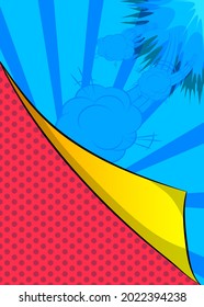 Retro comic background with turning paper corner. Rays and halftone dots, cartoon pop art style wallpaper. Vector illustration, colored template.