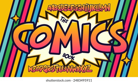 Retro comic book alphabet font, pop art style typeface, fun bold vibrant playful letters for playful kids branding, cartoon-style design, colorful typography. Vector typeset