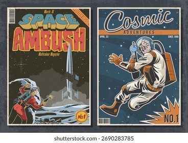 Cómic retro cubre Ilustraciones de estilo. Astronautas en el espacio exterior y en un planeta alienígena. Cohete espacial, pistolas láser y estrellas. Cubiertas de libro de ciencia ficción, textura de papel envejecido, Colores retro