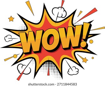 Exclamación del cómic retro “WOW!” con explosivos Elementos rojos, naranjas y amarillos que crean un enérgico diseño de arte pop perfecto para carteles, pegatinas e ilustraciones gráficas.