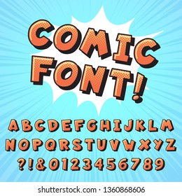 Retro comic book font. Super hero comics letters, vintage cartoon heroes fonts and pop art comics alphabet. Superhero text, comic numbers and letter symbols vector illustration set