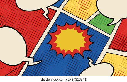 Retro-Comic-Seitenvorlage mit bunten Halbtonfeldern, leeren Sprechblasen