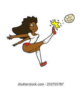 dibujo animado estilo libro de historietas retro jugador de fútbol femenino pateando bola