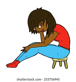 caricatura estilo libro de historietas retro mujer sentada en taburete pequeño