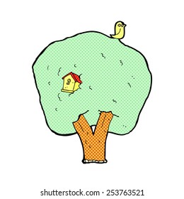 árbol de dibujos animados estilo libro de historietas retro con pajarera