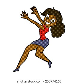 retro comic book style cartoon happy woman jumping
