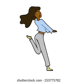 retro comic book style cartoon happy girl kicking out leg