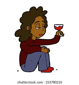 retro comic book style cartoon unhappy woman with glass of wine