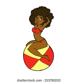 retro comic book style cartoon pin up girl sitting on beach ball