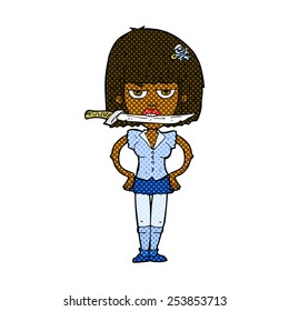 caricatura estilo libro de historietas retro mujer con cuchillo entre dientes