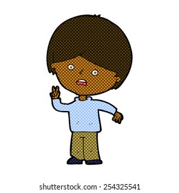 retro comic book style cartoon unhappy boy giving peace sign