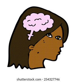 caricatura estilo libro de historietas retro cabeza femenina con símbolo cerebral