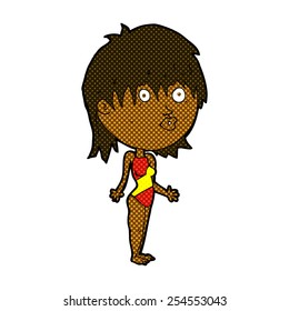 caricatura estilo libro de historietas retro mujer con traje de baño encogiéndose hombros