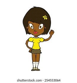 retro comic book style cartoon pretty girl waving