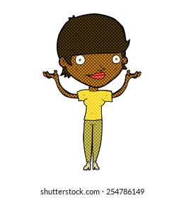 retro comic book style cartoon woman holding arms in air