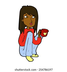 retro comic book style cartoon woman sitting with cup of coffee
