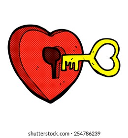 retro comic book style cartoon heart and key
