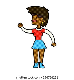 retro comic book style cartoon woman in spectacles waving