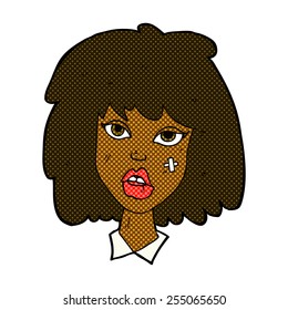 retro comic book style cartoon woman with bruised face