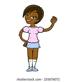 retro comic book style cartoon waving woman