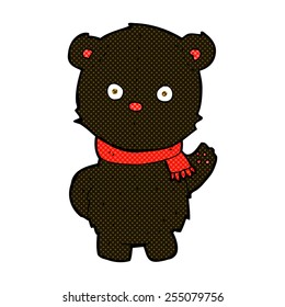 retro comic book style cartoon waving black bear cub