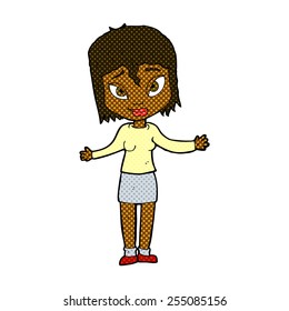 retro comic book style cartoon woman shrugging shoulders