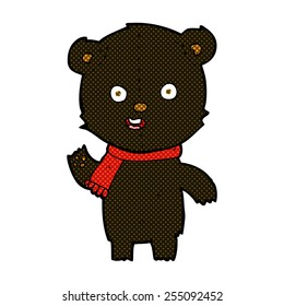 retro comic book style cartoon waving black bear cub with scarf
