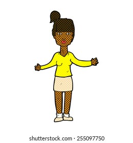 retro comic book style cartoon woman shrugging shoulders