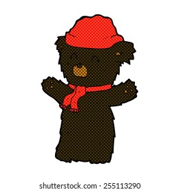 retro comic book style cartoon cute black bear in hat and scarf