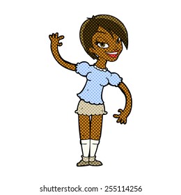 retro comic book style cartoon girl waving