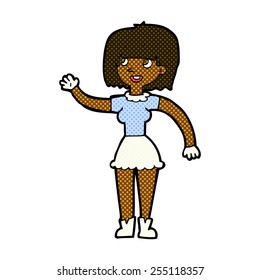 retro comic book style cartoon girl waving