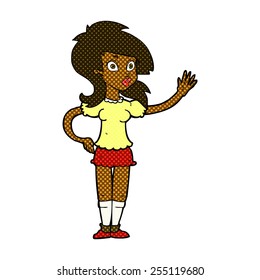 retro comic book style cartoon pretty woman waving for attention