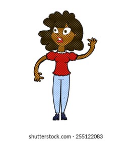 retro comic book style cartoon worried woman waving