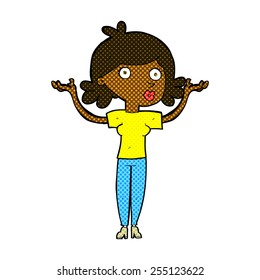 retro comic book style cartoon woman throwing arms in air
