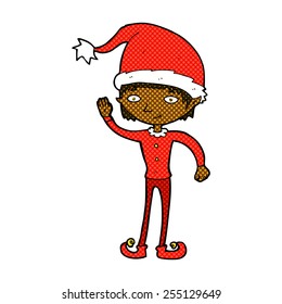 retro comic book style cartoon waving christmas elf